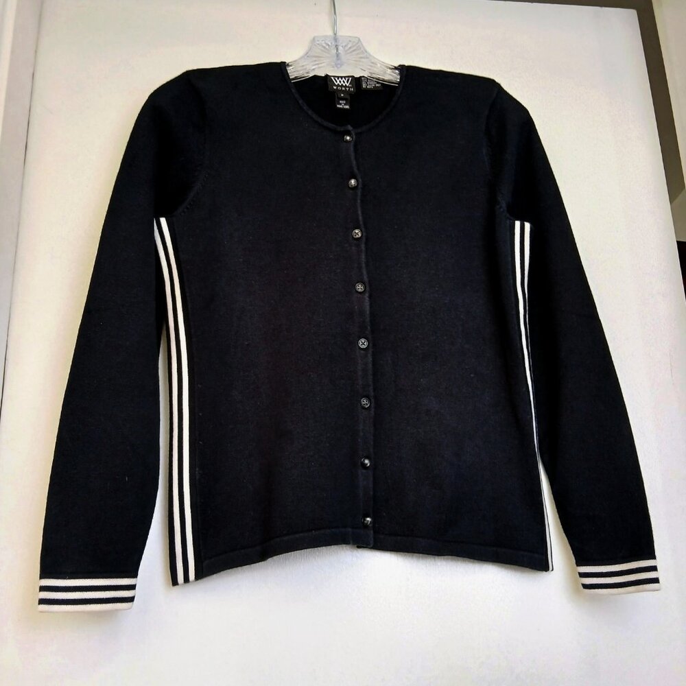 Vintage 80's Black w White Stripes 100% Cotton Cardigan Made in HK Sz P